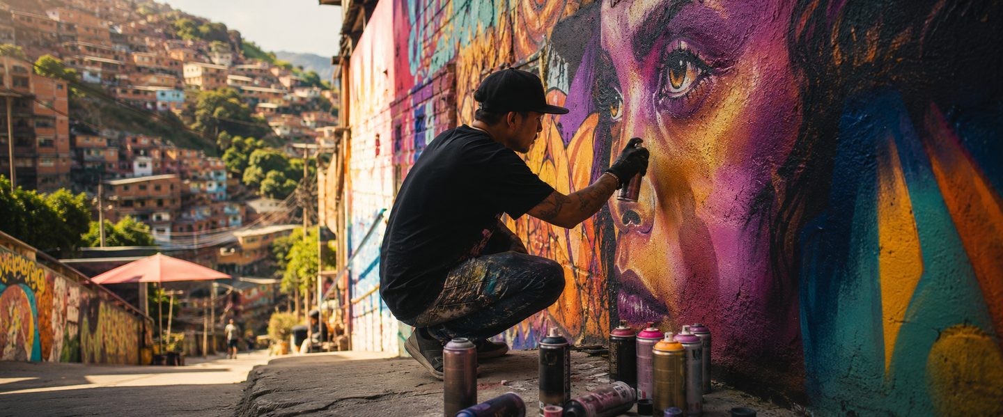 Street artist spray painting a colorful mural in Comuna 13
