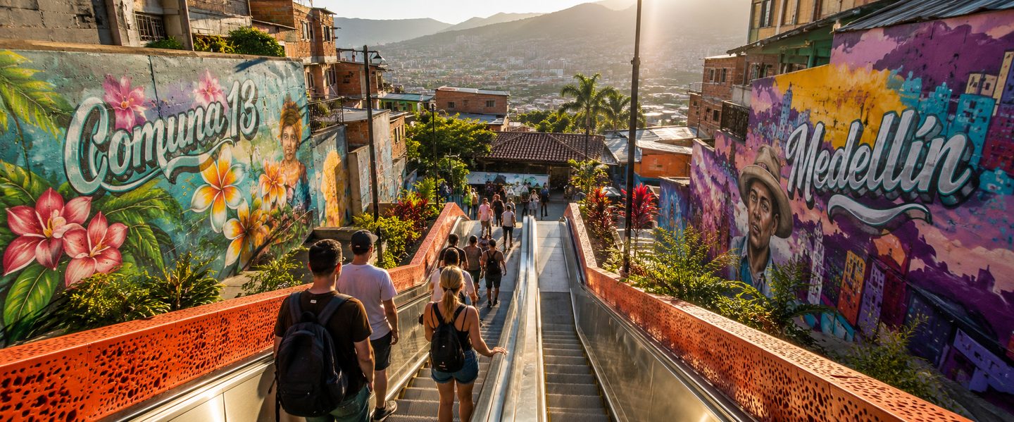 Comuna 13 escalators at golden hour with tourists and colorful murals