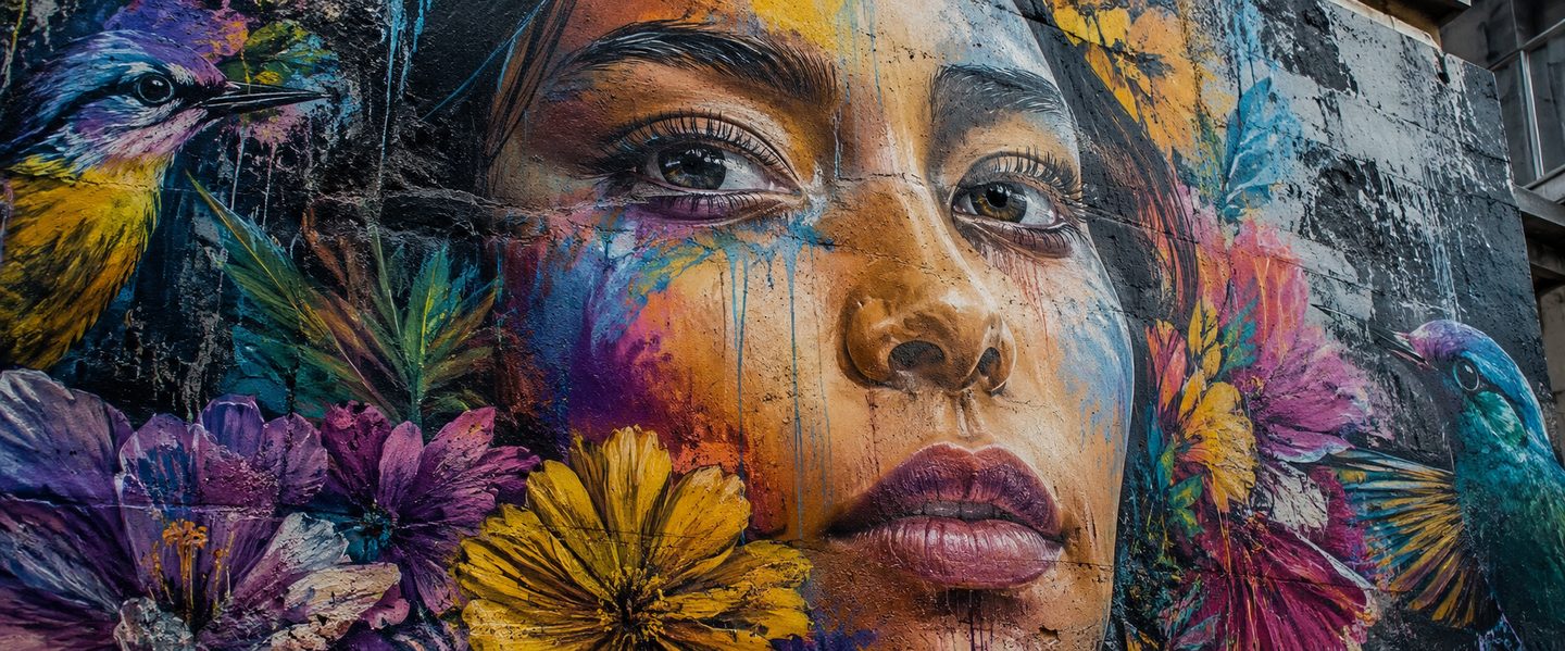 Massive colorful mural of woman's face with flowers in Comuna 13