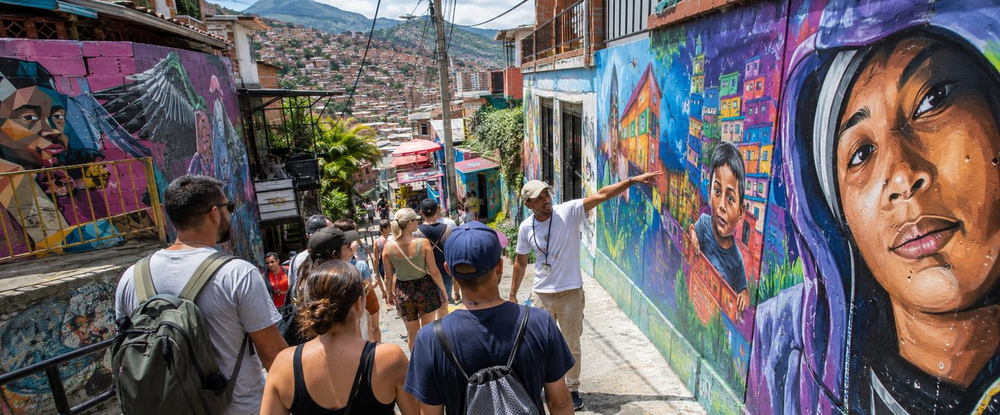 Tour group walking through Comuna 13 graffiti murals in Medellín with local guide